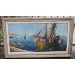 A LARGE FRAMED OIL ON CANVAS OF A HARBOURED FISHING BOAT SIGNED ROBETVAL LOWER LEFT, W 121CM X H