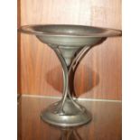 A PERIOD PEWTER HAMMERED FINISH TAZZA, HEIGHT 24 CM