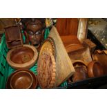 TWO TRAYS ASSORTED TREEN TO INCLUDE A WALL HANGING MASK, LIDDED BOXES ETC
