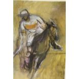 AN UNFRAMED MOUNTED PASTEL AND CHARCOAL OF A POLO PLAYER, SIZE 16 CM X 27 CM