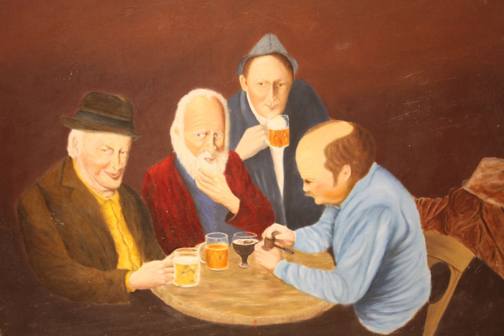 AN UNFRAMED OIL ON BOARD DEPICTING FIGURES AT A TABLE, WITH A LAST SUPPER SCENE ON THE REVERSE