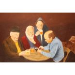 AN UNFRAMED OIL ON BOARD DEPICTING FIGURES AT A TABLE, WITH A LAST SUPPER SCENE ON THE REVERSE