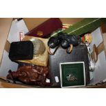 A TRAY OF COLLECTABLES TO INCLUDE BINOCULARS, CAMERAS, SWAROVSKI CHRISTMAS DECORATION ETC.