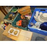 THREE BOXES OF CERAMICS, CHINA AND COLLECTABLES TO INCLUDE HORSE AND CART FIGURES