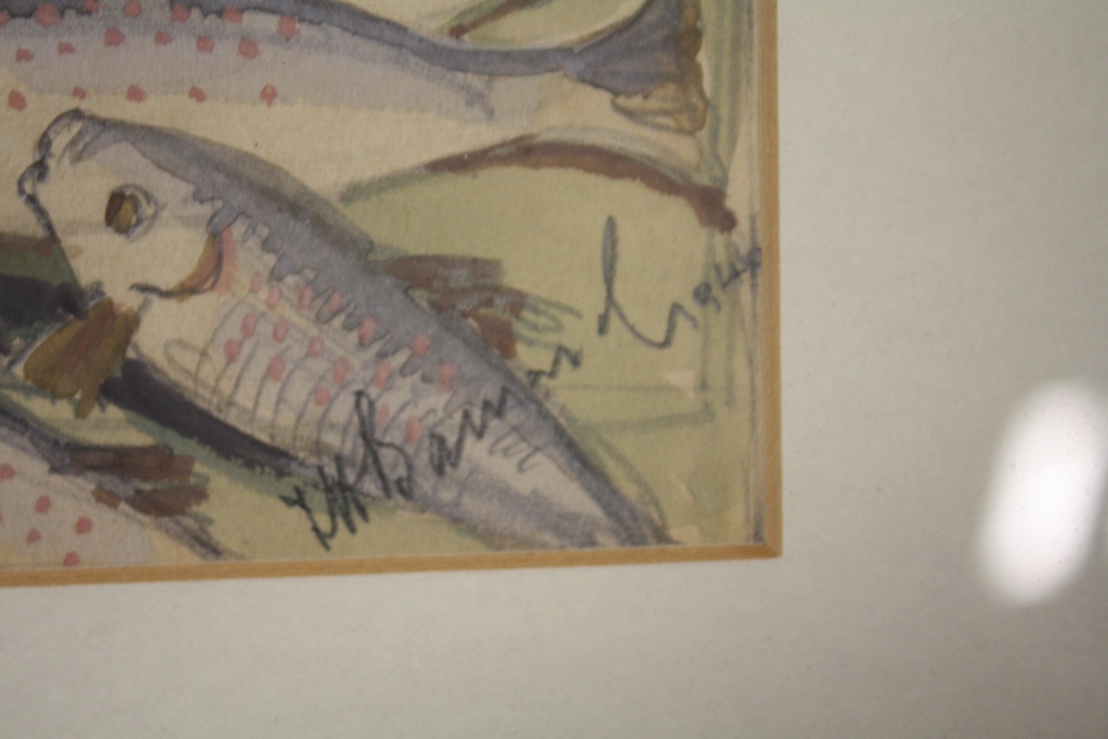 A FRAMED AND GLAZED WATERCOLOUR GOUACHE STILL LIFE OF A FISHING EQUIPMENT, SIGNED L H BARNARD - Image 3 of 5
