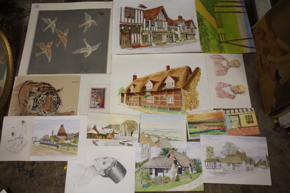A LARGE QUANTITY OF UNFRAMED PICTURES TO INCLUDE WATERCOLOURS, PEN AND INK DRAWINGS ETC