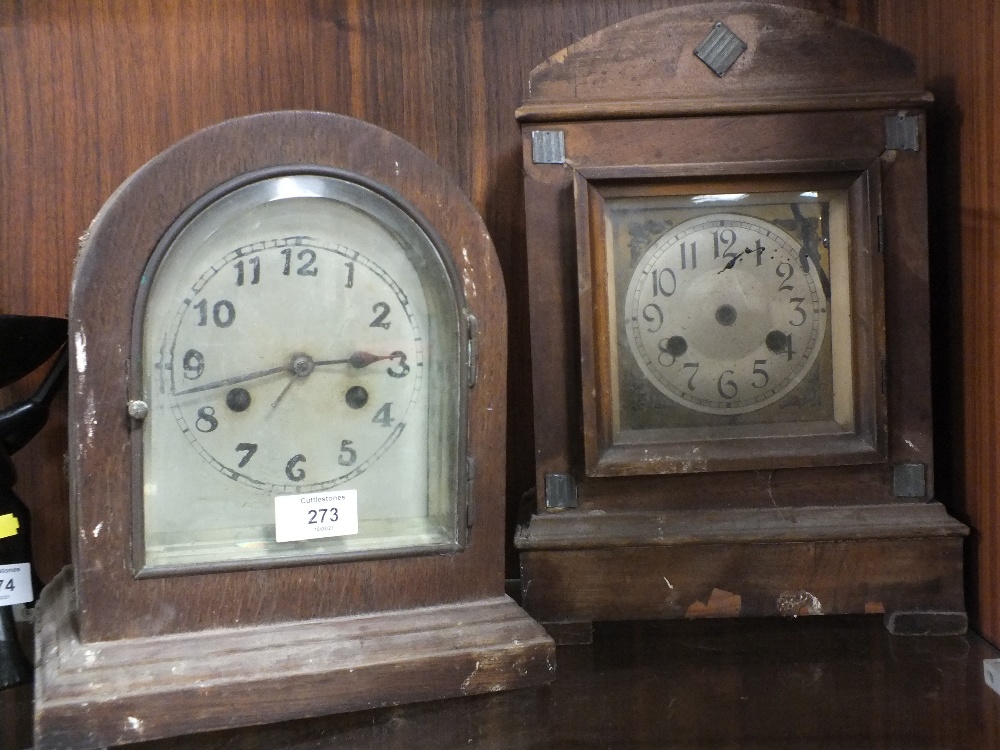 TWO VINTAGE OAK AND MAHOGANY MANTEL CLOCKS, A/F