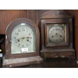 TWO VINTAGE OAK AND MAHOGANY MANTEL CLOCKS, A/F