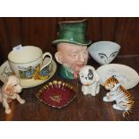 A COLLECTION OF ASSORTED CERAMICS TO INCLUDE A MINTONS TYKES MOTTO CUP AND SAUCER, RUSSIAN TIGER