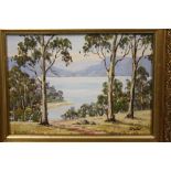 A SMALL GILT FRAMED AUSTRALIAN STYLE OIL ON BOARD OF A MOUNTAINOUS COUNTRY LAKE SCENE SIGNED B