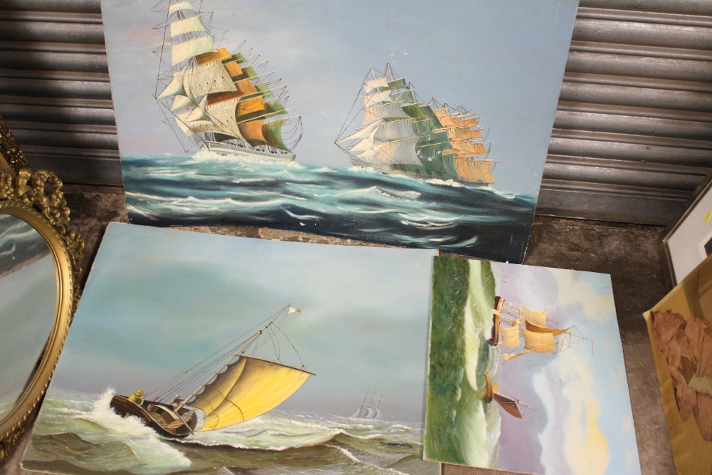 THREE UNFRAMED OIL ON BOARD PAINTINGS OF SHIPS IN CHOPPY SEAS