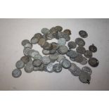 A BAG OF SILVER THREE PENNYS, AMERICAN COINS ETC.
