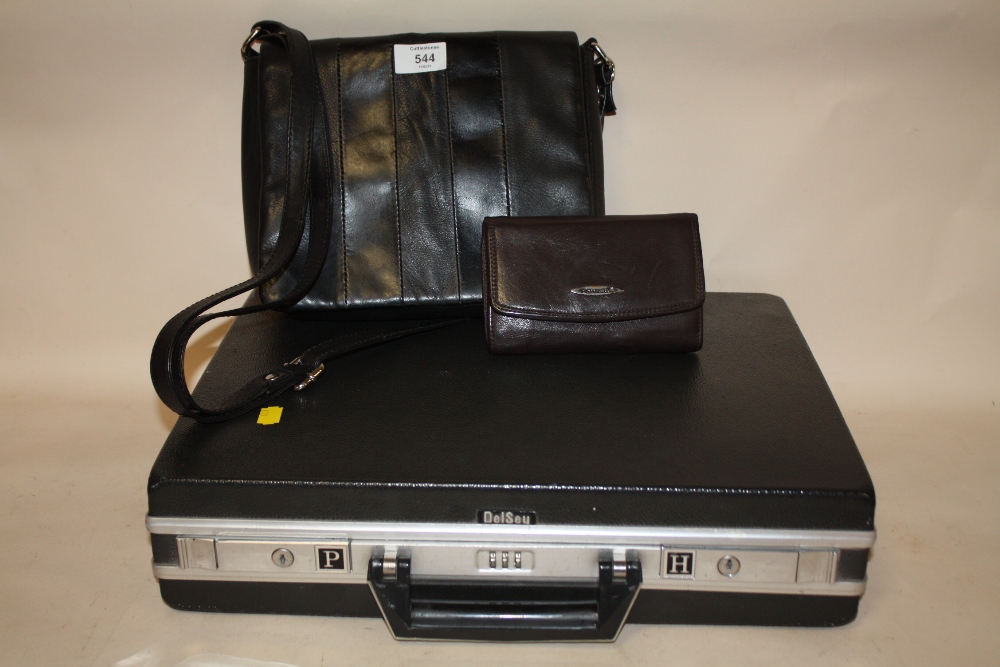 A DELSEY BRIEFCASE TOGETHER WITH A LADIES LEATHER BAG AND PURSE