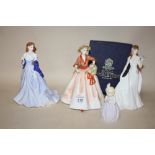 THREE ROYAL WORCESTER LADY FIGURES, SPRING, FLORAL LADIES JULY AND THE BRIDE TOGETHER WITH A BOXED