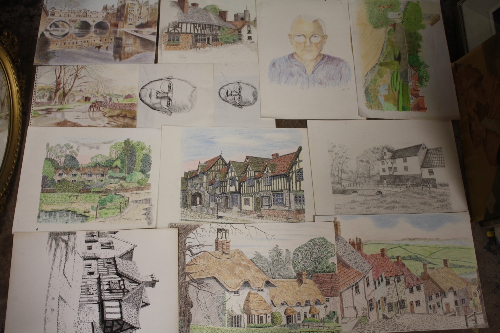 A LARGE QUANTITY OF UNFRAMED PICTURES TO INCLUDE WATERCOLOURS, PEN AND INK DRAWINGS ETC - Image 3 of 16