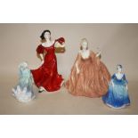 TWO COALPORT LADIES OF FASHION FIGURES, ADELINE AND ROMANY DANCE TOGETHER WITH TWO SMALLER