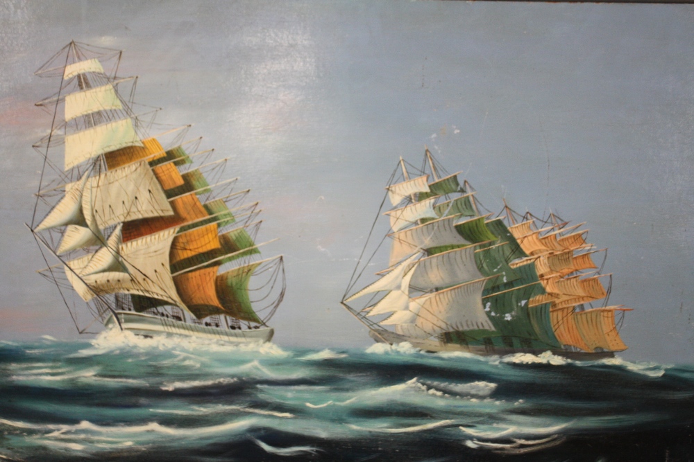 THREE UNFRAMED OIL ON BOARD PAINTINGS OF SHIPS IN CHOPPY SEAS - Image 2 of 4