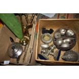 TWO BOXES OF METALWARE TO INCLUDE EASTERN WHITE METAL FRUIT SHAPED TRINKET BOXES, BRASS COMPANION