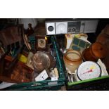 TWO TRAYS OF COLLECTABLES TO INCLUDE MANTLE CLOCKS, WOODEN CAR FIGURE ETC