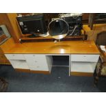A RETRO DRESSING TABLE WITH CIRCULAR MIRROR W-96 CM TOGETHER WITH A PAIR OF BEDSIDE CHESTS (3)
