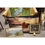 A COLLECTION OF PICTURES AND PRINTS TO INCLUDE AN UNFRAMED OIL ON BOARD OF A SAIL SHIP AT SEA