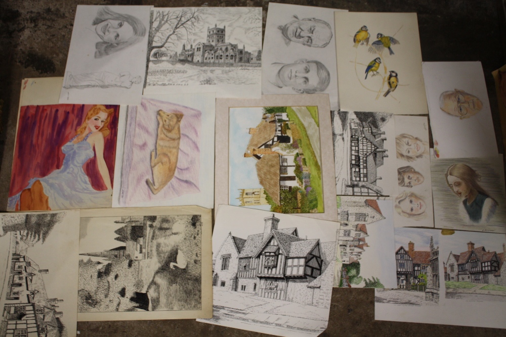 A LARGE QUANTITY OF UNFRAMED PICTURES TO INCLUDE WATERCOLOURS, PEN AND INK DRAWINGS ETC - Image 6 of 16