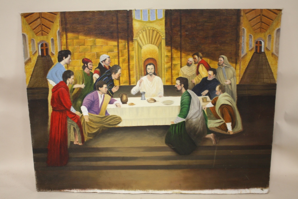 AN UNFRAMED OIL ON BOARD DEPICTING FIGURES AT A TABLE, WITH A LAST SUPPER SCENE ON THE REVERSE - Image 3 of 3