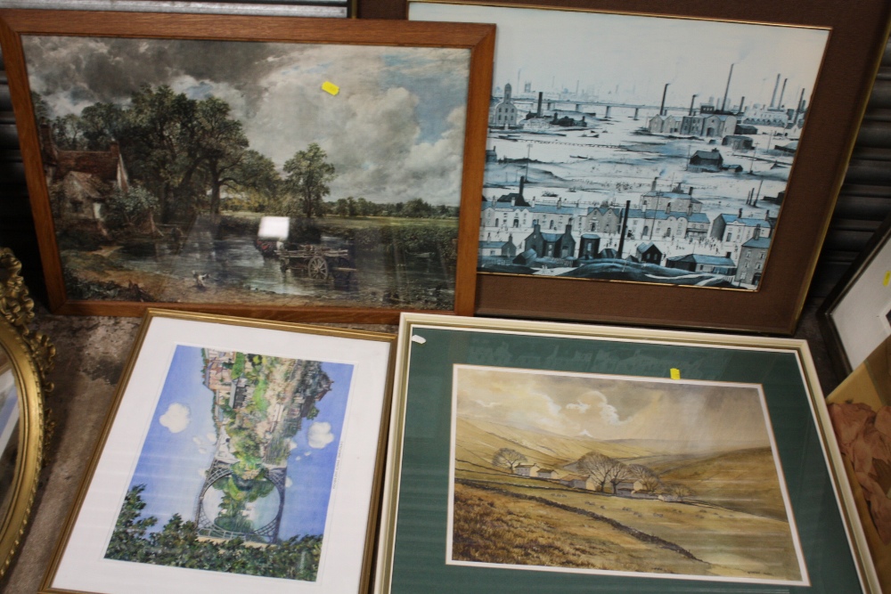 A COLLECTION OF PICTURES AND PRINTS TO INCLUDE A LOWREY PRINT, WATERCOLOUR OF IRONBRIDGE , EDRICK