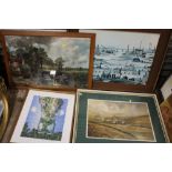 A COLLECTION OF PICTURES AND PRINTS TO INCLUDE A LOWREY PRINT, WATERCOLOUR OF IRONBRIDGE , EDRICK