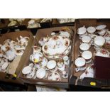 THREE TRAYS OF ROYAL ALBERT OLD COUNTRY ROSES CHINA TEA AND DINNERWARE TO INCLUDE COFFEE POTS,