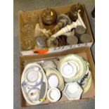 TWO TRAYS OF CERAMICS AND GLASSWARE ETC. TO INCLUDE CANDLE STANDS AND VINTAGE TINS