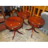 THREE MODERN MAHOGANY OCCASIONAL PEDESTAL TABLES