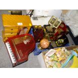 A BOX OF COLLECTABLES TO INCLUDE JEWELLERY BOXES, SMALL DESK TOP GLOBE ETC.