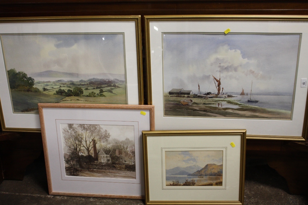 A COLLECTION OF WATERCOLOURS TO INCLUDE A MOUNTAINOUS LAKE SCENE SIGNED G L WEAVER, HARVEST SCENE