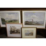 A COLLECTION OF WATERCOLOURS TO INCLUDE A MOUNTAINOUS LAKE SCENE SIGNED G L WEAVER, HARVEST SCENE