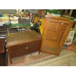 A VINTAGE WALNUT CHINA CABINET W-75 CM AND A BLANKET BOX (2)