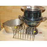 A SILVER PLATED CHAMPAGNE BUCKET TOGETHER WITH A SILVER PLATED TOAST RACK AND ANOTHER BUCKET (3)
