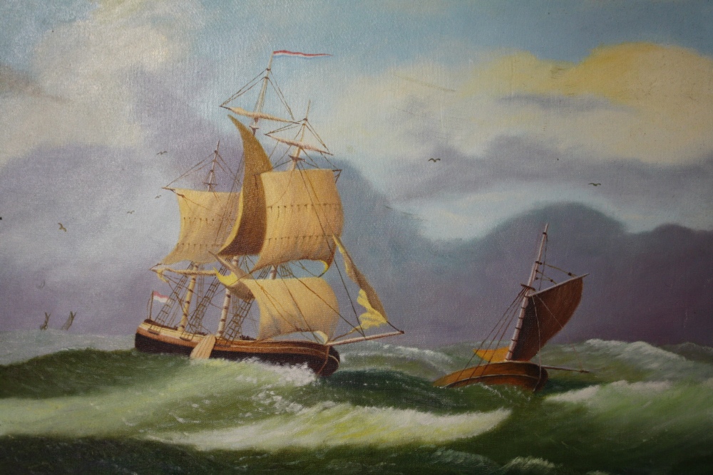 THREE UNFRAMED OIL ON BOARD PAINTINGS OF SHIPS IN CHOPPY SEAS - Image 4 of 4