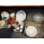 TWO TRAYS OF CERAMICS AND GLASSWARE TO INCLUDE AYNSLEY, WEDGWOOD ETC.
