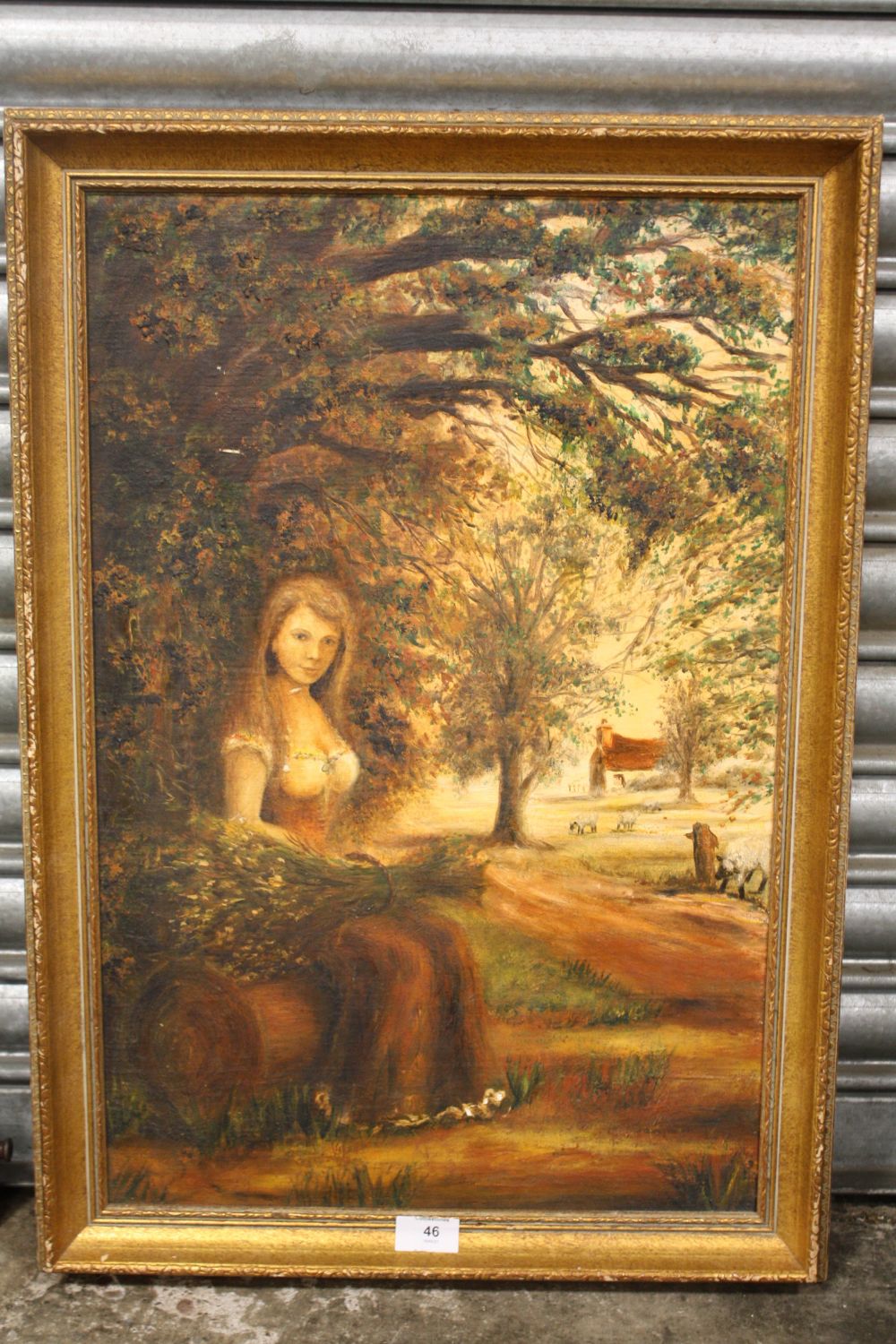 A GILT FRAMED OIL ON BOARD OF A WOODED LANDSCAPE WITH A WOMAN HOLDING A SHEATH OF CORN, SIZE 60 CM X - Image 2 of 3