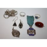 A BAG OF SILVER JEWELLERY ETC. TO INCLUDE A LONG SERVICE MEDAL FOR THE NATIONAL OPERATIC AND