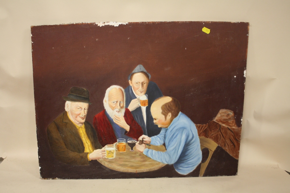 AN UNFRAMED OIL ON BOARD DEPICTING FIGURES AT A TABLE, WITH A LAST SUPPER SCENE ON THE REVERSE - Image 2 of 3