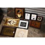 A COLLECTION OF UNUSUAL PICTURES TO INCLUDE A PAINTING ON SLATE, PLASTER WALL HANGING, RELIGIOUS