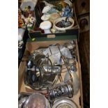 TWO TRAYS OF ASSORTED CERAMICS TO INCLUDE TEAPOTS TOGETHER WITH A TRAY OF METALWARE (3)