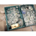 TWO TRAYS OF ASSORTED GLASSWARE TO INCLUDE CUT GLASS EXAMPLES (PLASTIC TRAYS NOT INCLUDED)
