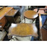 A VINTAGE WALNUT BEDSIDE CABINET, WALNUT COFFEE TABLE AND A CIRCULAR COFFEE TABLE (3)