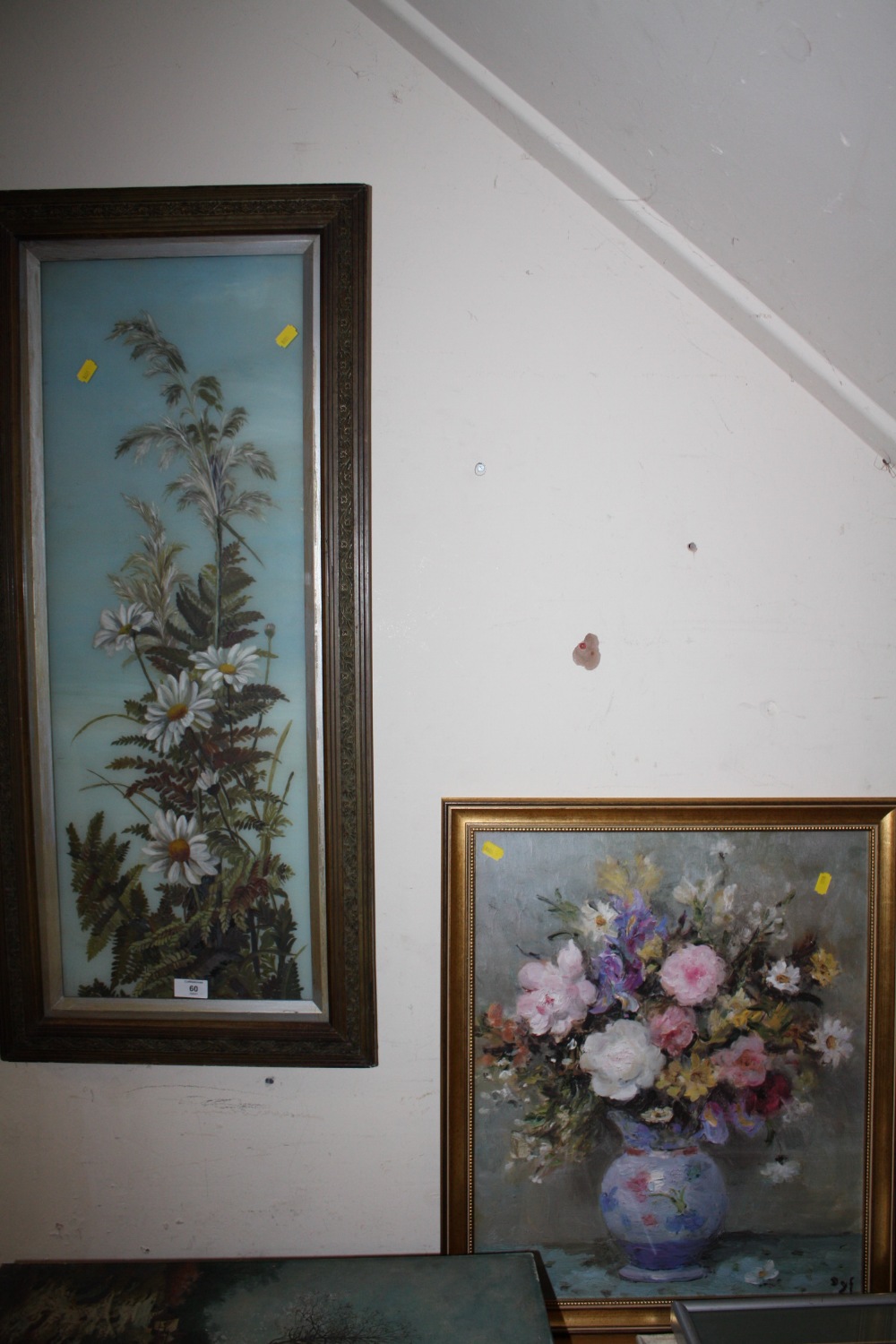 A VICTORIAN STYLE FLORAL OIL PAINTING ON GLASS TOGETHER WITH A FLORAL PRINT