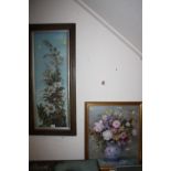 A VICTORIAN STYLE FLORAL OIL PAINTING ON GLASS TOGETHER WITH A FLORAL PRINT