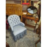 A BLUE BEDROOM CHAIR, TWO TIER STAND AND AN OVAL DRESSING MIRROR (3)