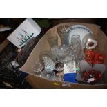 TWO TRAYS OF ASSORTED GLASSWARE TO INCLUDE MODERN PERFUME BOTTLES